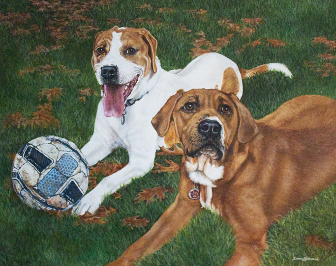Acrylic Painting of Pit Bull buddies  by Donna Bobrowski.