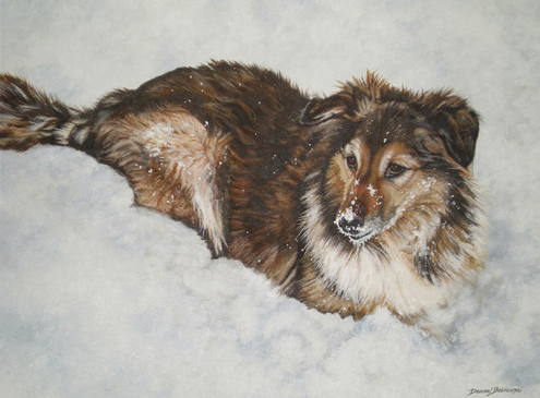 Acrylic Painting  by Donna Bobrowski of a mixed breed collie in the snow.